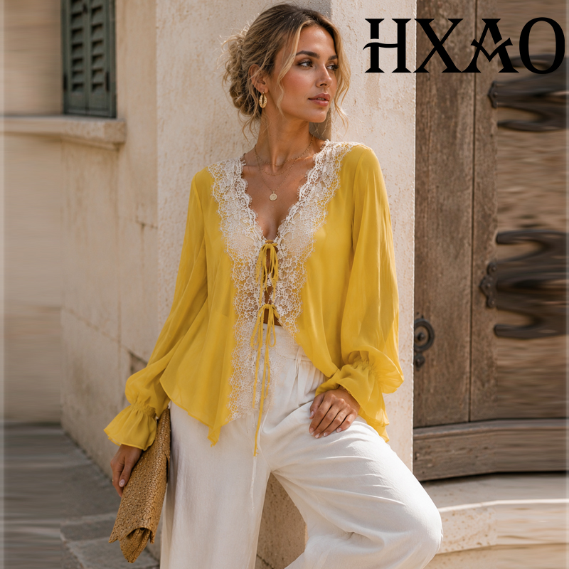 Sewing V - بلوزة نسائية من HXAO بأربطة، بأكمام