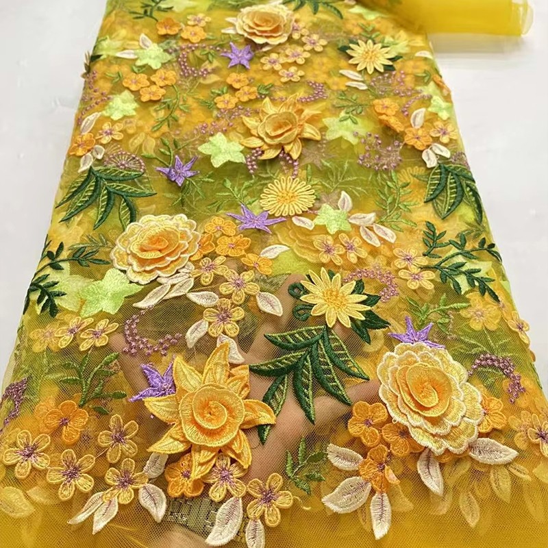 Textile For Sewing - قماش دانتيل شبكي مطرز بالزهور ثلاثي